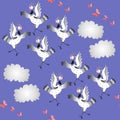 Crane birds dance. Seamless animal print with dancing birds, butterflies and clouds.