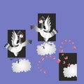 Crane birds dance. Seamless animal print with dancing birds, butterflies and clouds. Vector illustration.