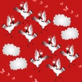 Crane birds dance. Seamless animal print with dancing birds, butterflies and clouds. Vector illustration. Royalty Free Stock Photo