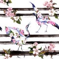 Crane Birds With Pink Spring Flowers At Monochrome Striped Background. Seamless Floral Pattern - Cherry Blossom, Apple