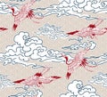 Crane birds sky cloud japanese chinese vector design pattern