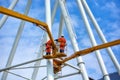 Crane booms and workers mount the structure Royalty Free Stock Photo