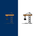 Crane, Building, Construction, Constructing, Tower  Icons. Flat and Line Filled Icon Set Vector Blue Background Royalty Free Stock Photo