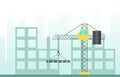 Crane at Construction Building Site with Hazy Modern City Silhouette in the Background Vector Illustration