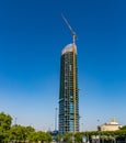 Crane and construction process of the Cajasol Tower skyscraper 180 meters high in Seville, Spain