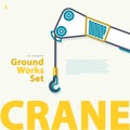 Crane, derrick, blue outlined typography set. Ground works. Construction machinery.