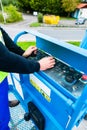 Crane driver driving hydraulic lifting ramp with control desk Royalty Free Stock Photo