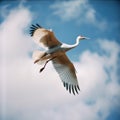 Crane flies high in sky against background of white clouds, photo of flying bird Royalty Free Stock Photo