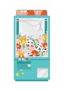 Crane game doll machine flat vector illustration. Claw machine with colorful plush animal toys. Amusement for children
