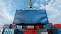 Crane hook with a cargo blue container for text Royalty Free Stock Photo