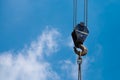 Crane Hook lifting  for construction on blue sky,steel hook and chain, copy space Royalty Free Stock Photo