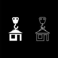 Crane hook lifts home Holds roof house icon outline set white color vector illustration flat style image Royalty Free Stock Photo