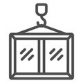 Crane hook with plastic window frame line icon, construction site concept. Vector graphics. Window glass uplifting sign Royalty Free Stock Photo