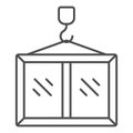 Crane hook with plastic window frame thin line icon, construction site concept. Vector graphics. Window glass uplifting Royalty Free Stock Photo