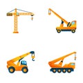 Crane icons set cartoon vector. Construction transport vehicle