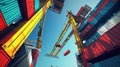a crane with its boom extended over a shipping port, loading