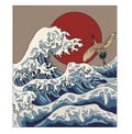 Crane and Japanese wave vector illustration for T-shirt. Royalty Free Stock Photo