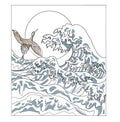 Crane and Japanese wave vector illustration for T-shirt. Royalty Free Stock Photo