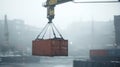 Crane Lifting Cargo Container in Foggy Port Royalty Free Stock Photo
