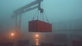 Crane Lifting Cargo Container in Thick Fog Royalty Free Stock Photo