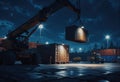 Crane lifting modular container at a logistic park during nighttime Royalty Free Stock Photo