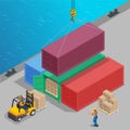 Crane lifts a big container with cargo isometric. Global logistics. Freight transportation 3d concept. Cargo loading