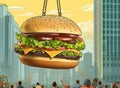 A crane lifts a huge burger in a large metropolis