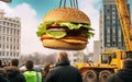 A crane lifts a huge burger in a large metropolis