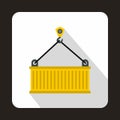 Crane lifts yellow container icon, flat style