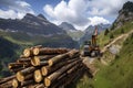 crane loading cut tree trunks on stack on mountain