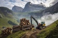 crane loading cut tree trunks on stack on mountain