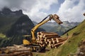 crane loading cut tree trunks on stack on mountain