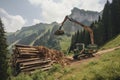 crane loading cut tree trunks on stack on mountain