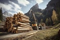 crane loading cut tree trunks on stack on mountain