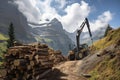 crane loading cut tree trunks on stack on mountain