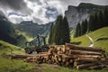 crane loading cut tree trunks on stack on mountain