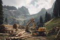 crane loading cut tree trunks on stack on mountain