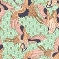 Crane long life evergreen seamless pattern