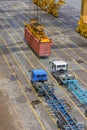 Crane lowering container.