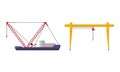 Crane Machine Equipped with Hoist Rope and Sheaves for Lifting and Lower Heavy Freight Vector Set Royalty Free Stock Photo