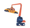 Crane Manipulator Machine Lifting and Moving Car without Wheels. Disposal of Used Auto Icon. Cartoon Vector Illustration