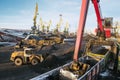 Crane manipulator unloads coal at the seaport.