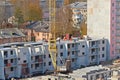 Crane part, workers on construction site