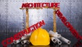 Crane, Safety helmet, Blueprints and construction site