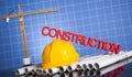 Crane, Safety helmet, Blueprints and construction site