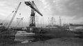 Crane from shipyard at industrial port in black and white