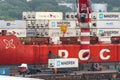 Crane unloaded container cargo ship Sevmorput FSUE Atomflot - Russian nuclear-powered icebreaker lighter aboard ship