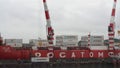 Crane unloaded container cargo ship Sevmorput - nuclear-powered icebreaker