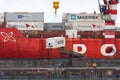 Crane unloaded Russian container ship Sevmorput Rosatomflot - nuclear-powered icebreaker lighter aboard ship carrier