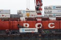 Crane unloads container ship Sevmorput - Russian nuclear-powered icebreaker lighter aboard ship carrier. Terminal commercial sea p